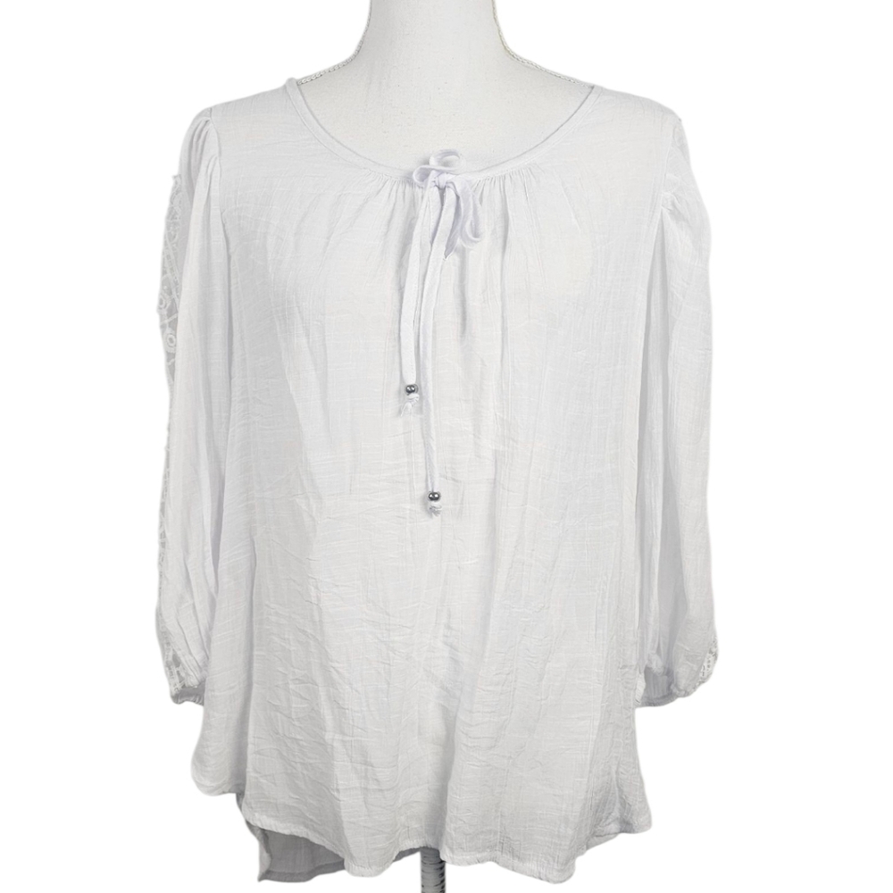 White Boho Gauze Blouse XL Crochet Lace Sleeve Tie Neck Festival Top